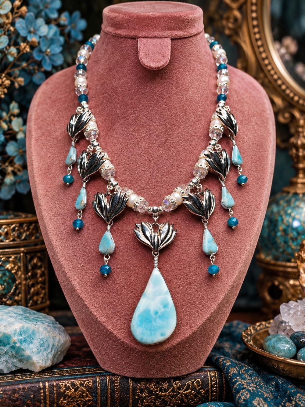 Lindsay's Gifts Artisan Larimar Blue Apatite Freshwater Pearls Charm Necklace